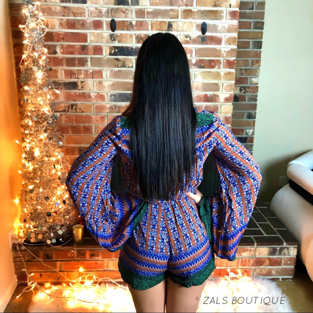 🔥3 for $30 Camel Blue & Green Peasant Boho Romper - Picture 8 of 8